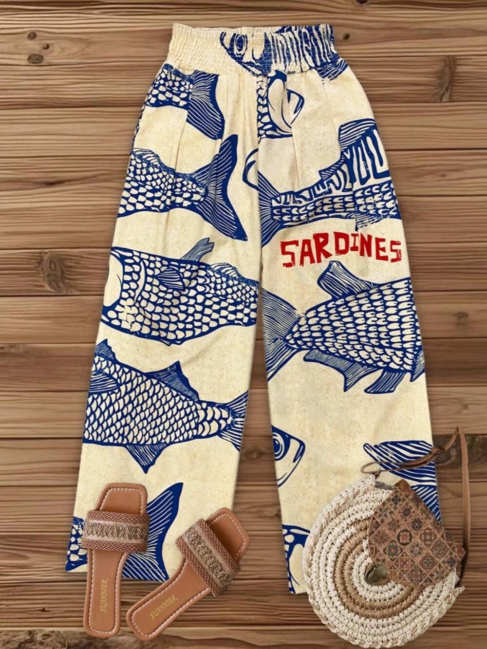 Casual Women's Vacation Wide Leg Pants with Fish Print Waistband